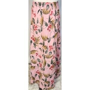 Vintage 90s Y2K Linen Blend Maxi Skirt Pink Floral Hawaiian Long Green